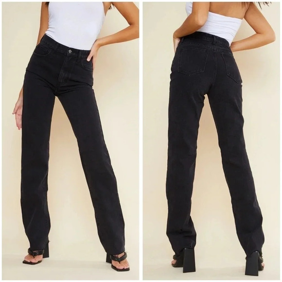 PRETTYLITTLETHING Tall Washed Black Long Leg Straight Jeans, Raw Hem, Sz 8, EUC! - Picture 1 of 12